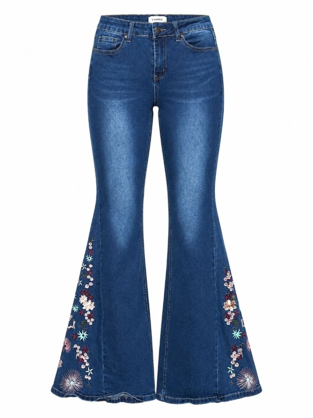 Bamboo Blue Flare Jeans Embroidered Boho Floral Festival Denim Retro Y2K Style